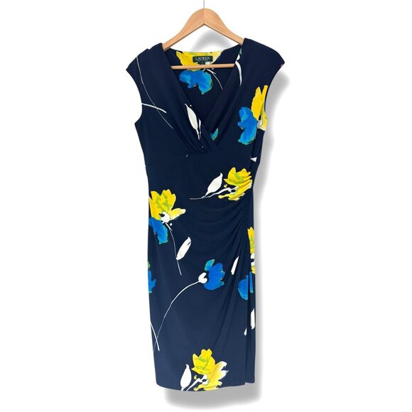 Ralph Lauren‎ Navy Blue Floral Print Jersey Ruched Dress Size 6 Sheath Summer - Picture 2 of 6